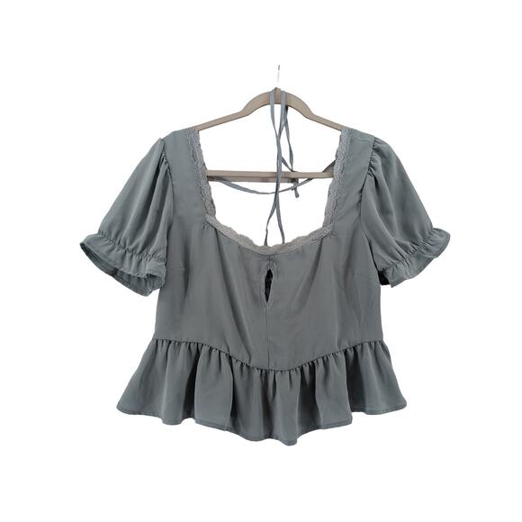 Forever 21 Peplum Blouse L Blue Gray Lace Cutout Keyhole Ruffled Neck Tie Square - Picture 10 of 11